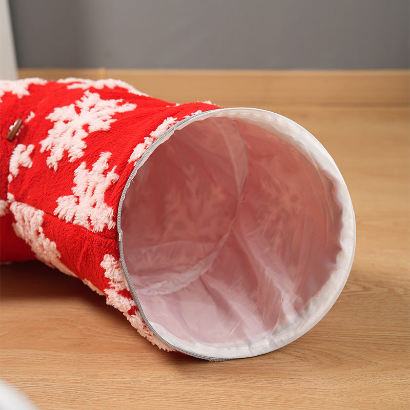 Red Snowflake Foldable Tunnel Cat Bed
