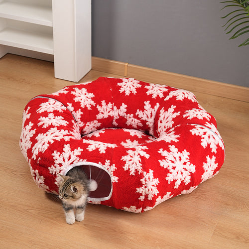 Red Snowflake Foldable Tunnel Cat Bed
