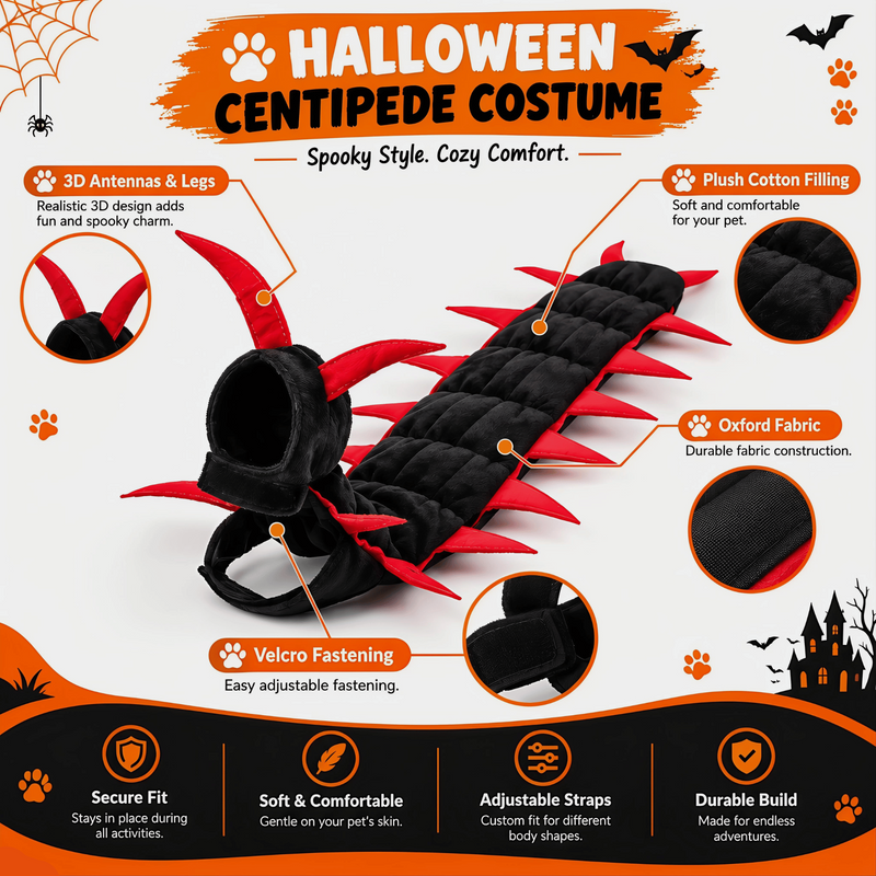 Halloween centipede pet costume shown on a white background with orange and black promotional graphics, feature callouts, and product detail insets. The costume is black with red spikes and is labeled as plush cotton filling and oxford fabric.