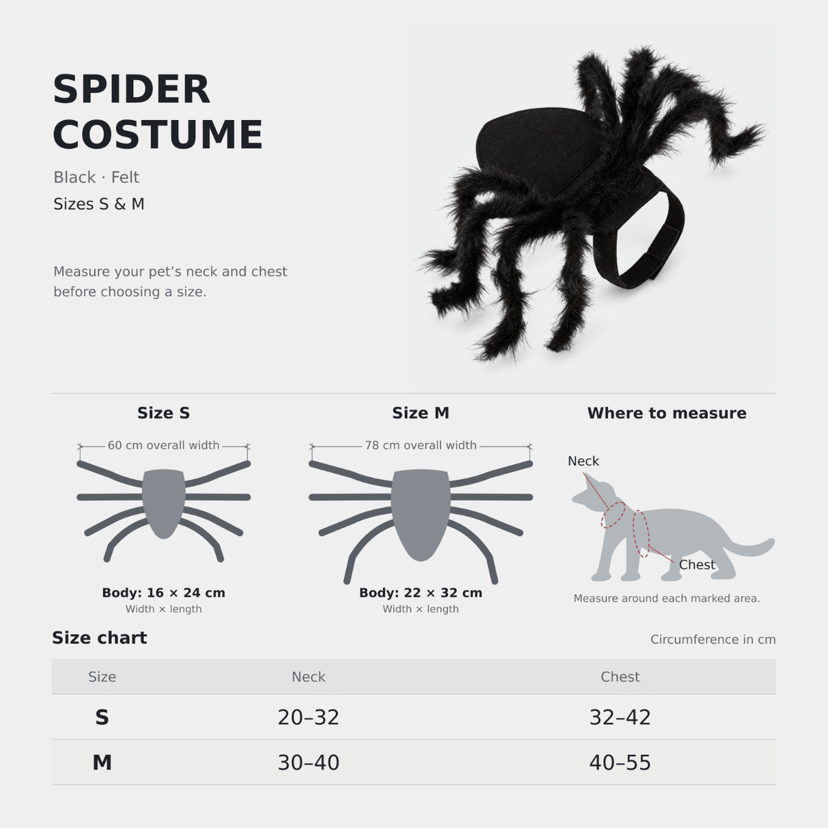 Spider costume sizing guide for pets, showing a black felt spider costume on the right, size charts and measurements for S and M on the left, and a cat illustration indicating where to measure around the neck and chest.