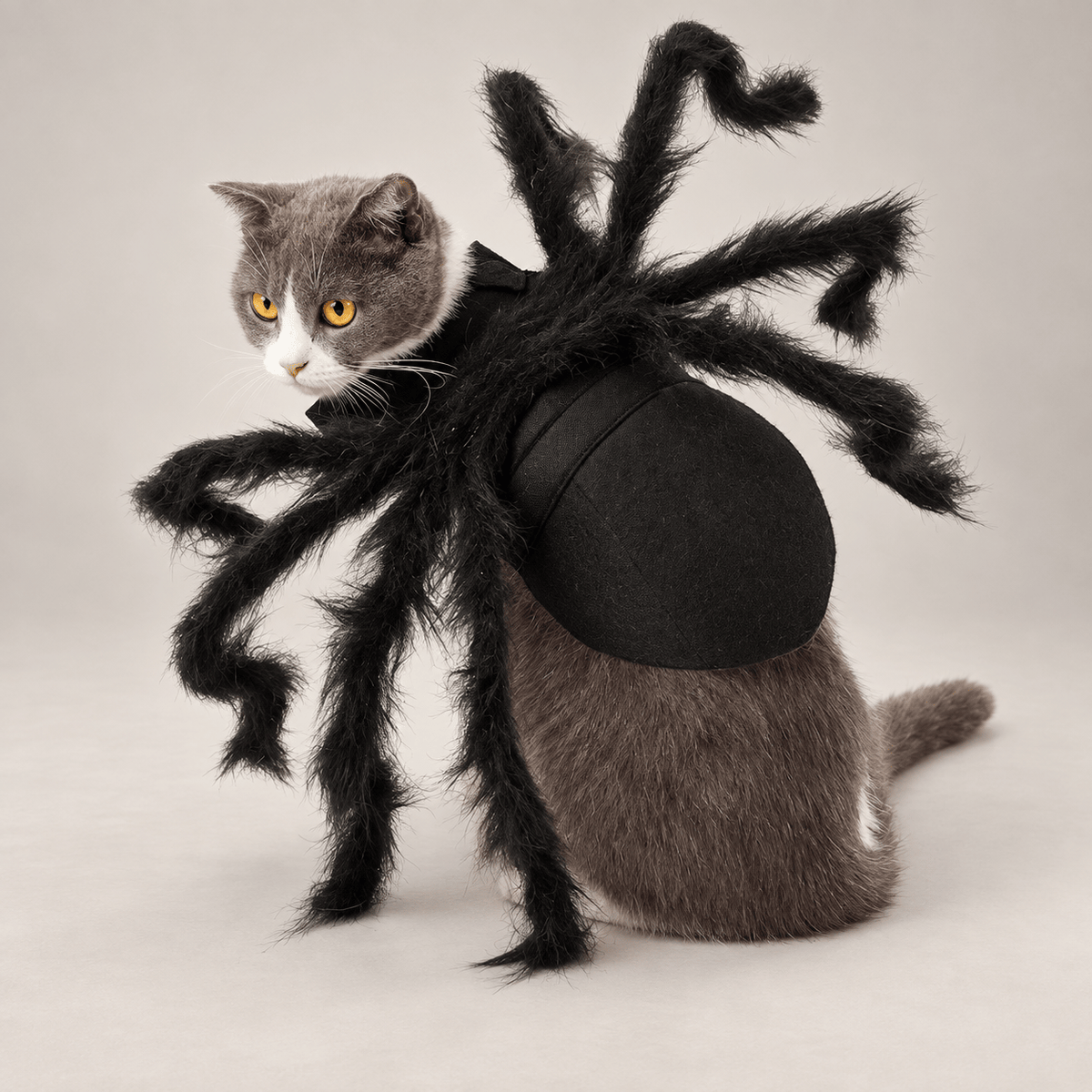 A gray cat wearing a black spider costume, featuring long black synthetic legs and a black fabric body, photographed against a plain light gray studio background.