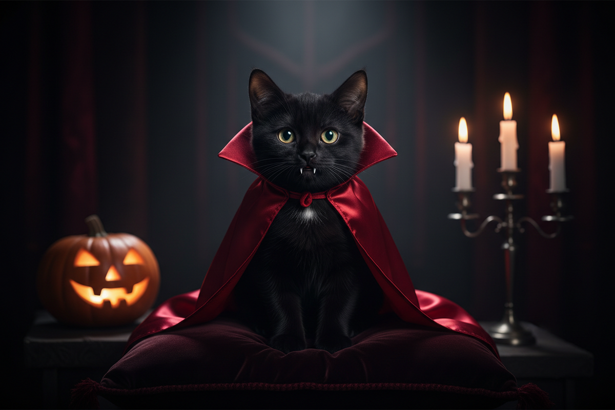 A black cat wearing a shiny red cape sits on a cushion in a dark, candlelit room with a lit jack-o'-lantern and a candelabra in the background.