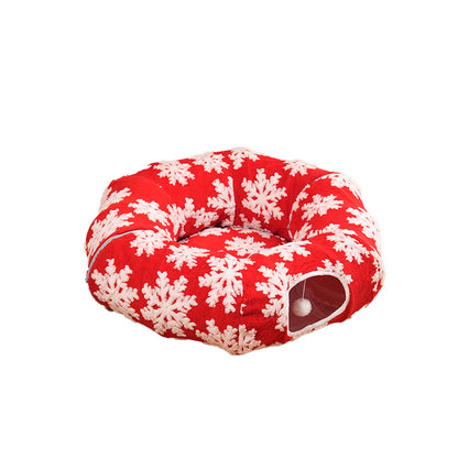 Red Snowflake Foldable Tunnel Cat Bed